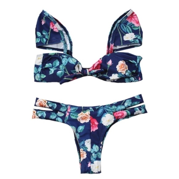 New Women’s Beautiful Floral Winged Top & Strappy Thong Bikini - Picture 4 of 12
